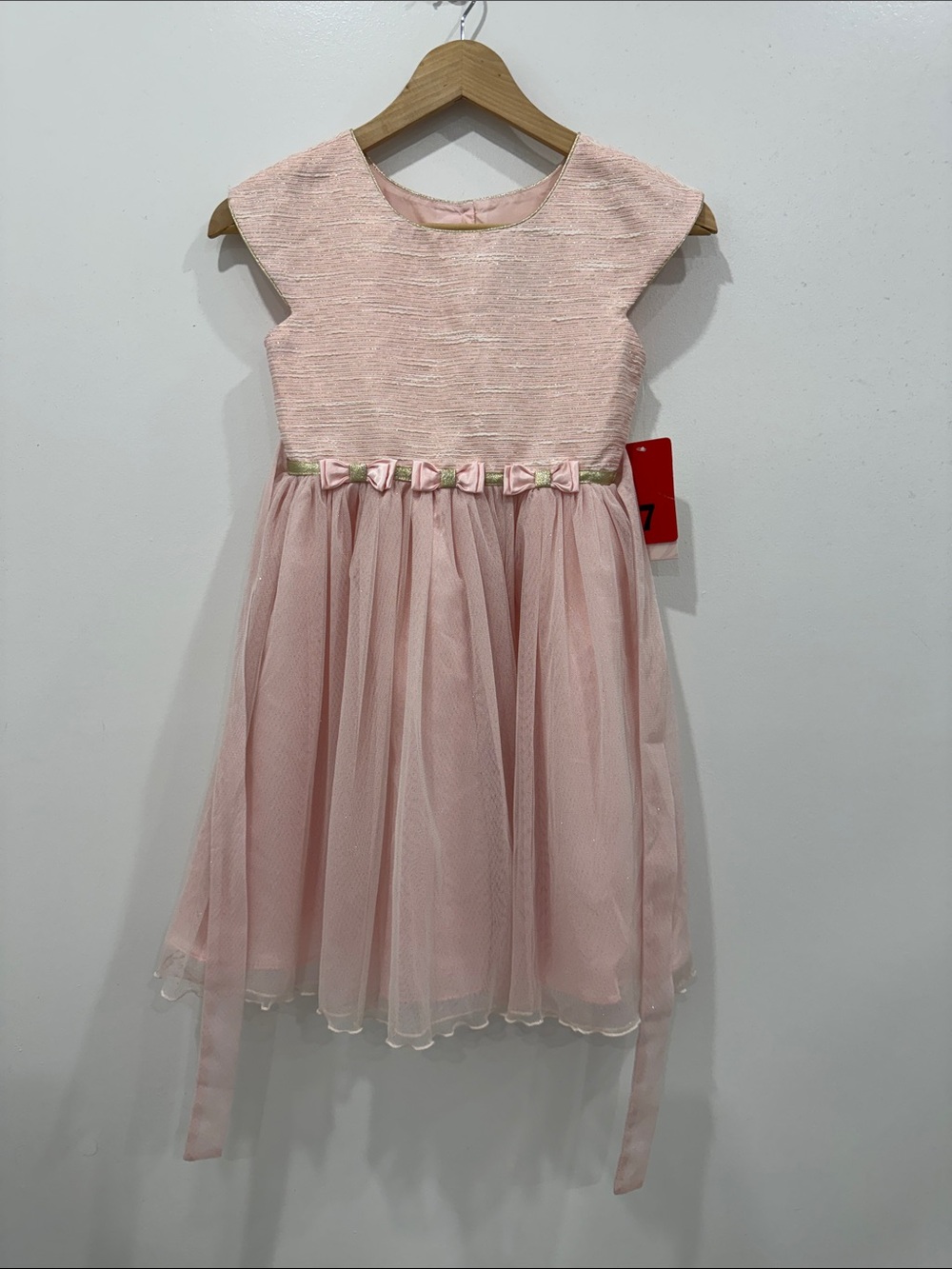 Jona Michelle Girls Pink Glitter Tulle Party Dress Size 7|Bow Waist Formal Dress